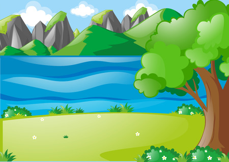 Nature scene with river and field illustrationのイラスト素材