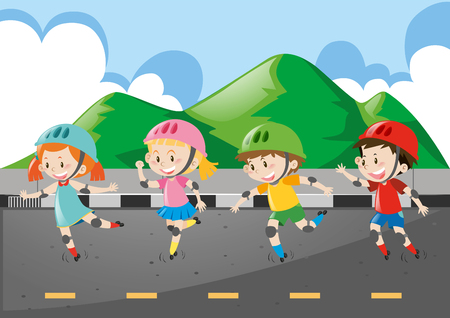 Children rollerskate on the road illustrationのイラスト素材
