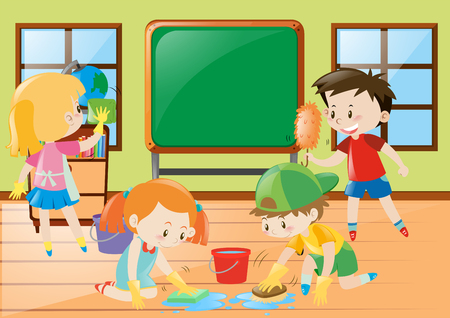 Students cleaning classroom together illustrationのイラスト素材
