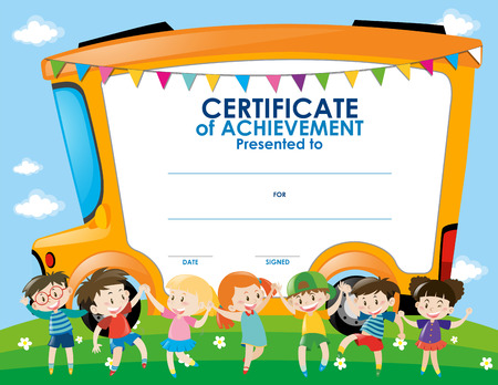 Certificate template with children and school bus illustrationのイラスト素材