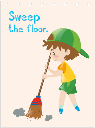 Flashcard of boy sweeping floor illustrationのイラスト素材