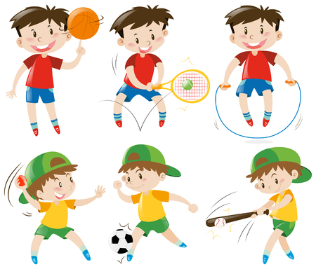 Boys doing different kinds of sports illustrationのイラスト素材