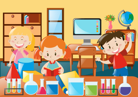 Kids learning in science classroom illustrationのイラスト素材