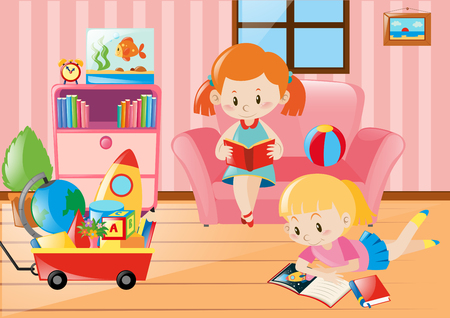 Girls reading books in living room illustrationのイラスト素材