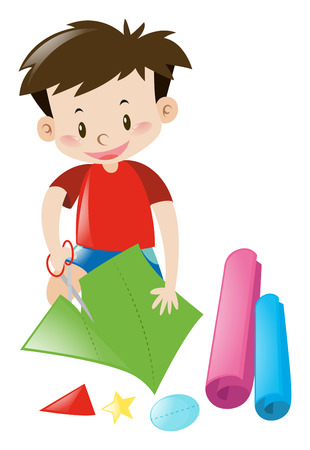 Boy cutting color papers with scissors illustrationのイラスト素材
