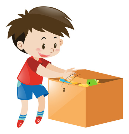 Boy putting things in wooden box illustrationのイラスト素材
