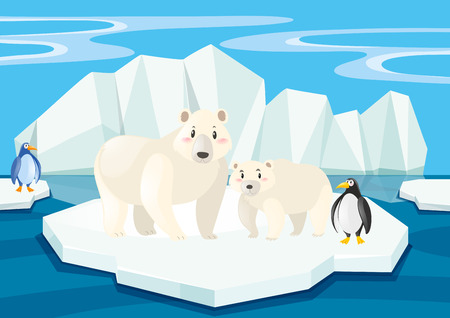 Polar bears and penguins on ice illustrationのイラスト素材