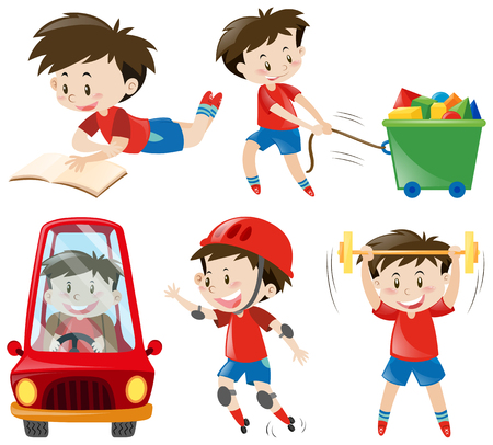 Boy in red shirts doing different actions illustrationのイラスト素材