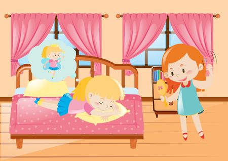 Two girls in the bedroom illustrationのイラスト素材