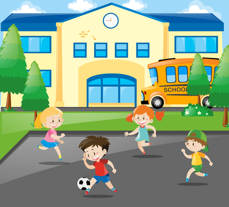 Boys and girls playing football at school illustrationのイラスト素材