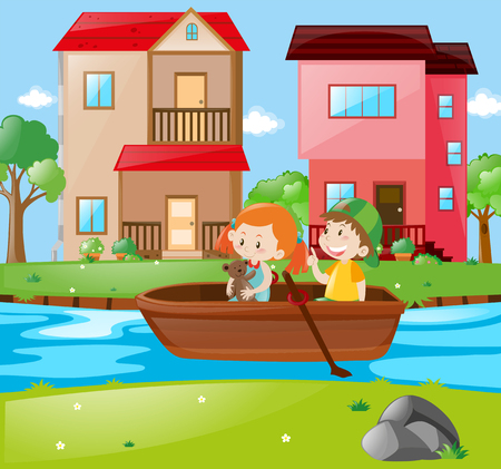 Scene with kids rowing boat illustrationのイラスト素材