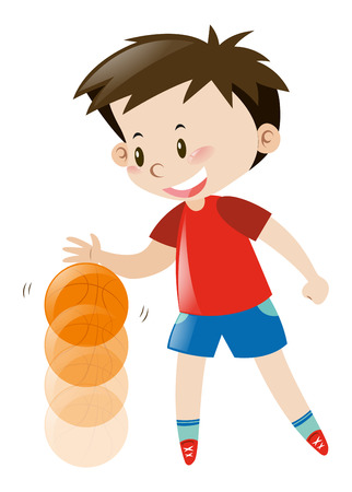 Boy in red shirt bouncing basketball illustrationのイラスト素材