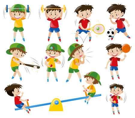 Boys doing different sports illustrationのイラスト素材
