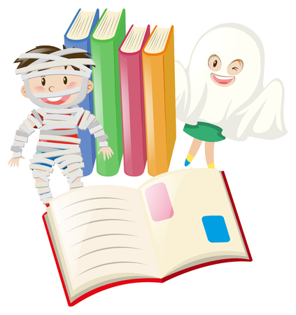 Kids in halloween costume and books illustrationのイラスト素材