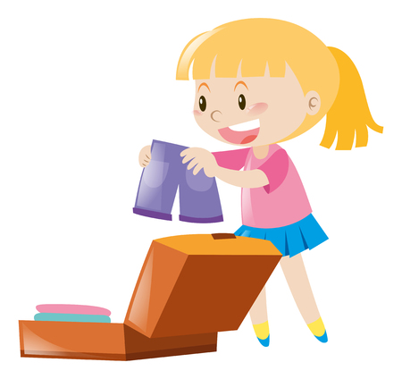 Happy girl packing bag illustrationのイラスト素材