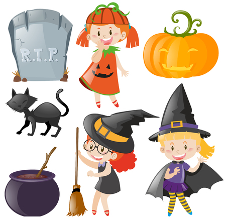 Halloween set with kids in costumes illustrationのイラスト素材
