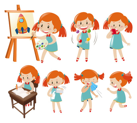 Different actions of little girl in blue illustrationのイラスト素材