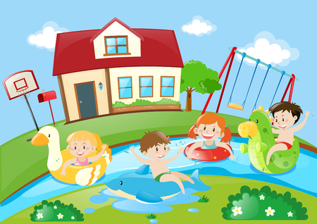 Kids playing in the river illustrationのイラスト素材