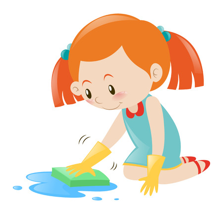 Little girl cleaning floor with sponge illustrationのイラスト素材