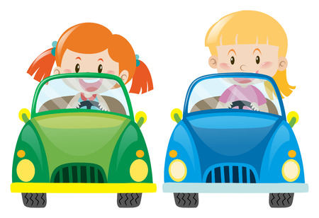Girls driving on blue and green cars illustrationのイラスト素材