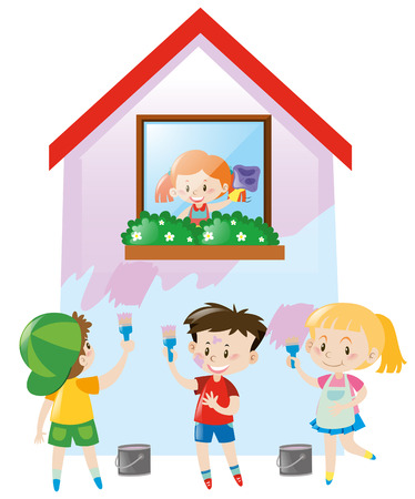 Children painting the house purple illustrationのイラスト素材