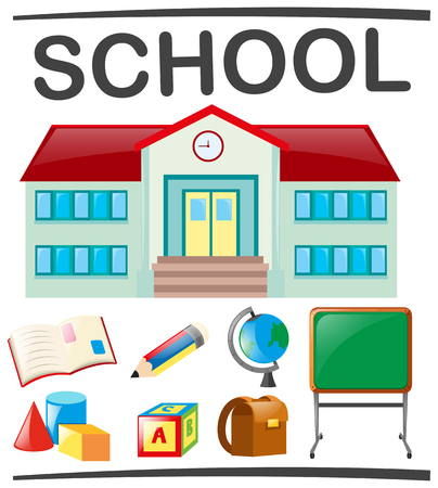 School set with school building and objects illustrationのイラスト素材