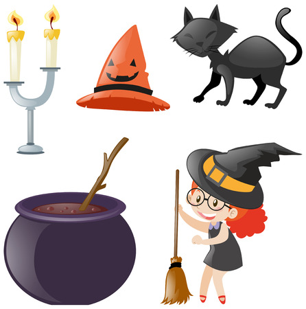 Halloween set with witch and black cat illustrationのイラスト素材