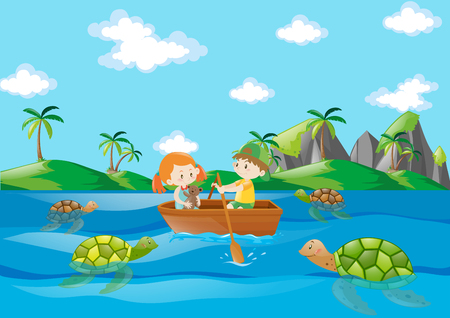 Kids rowing boat in the river illustrationのイラスト素材