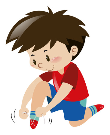 Little boy tiding shoelaces by himself illustrationのイラスト素材
