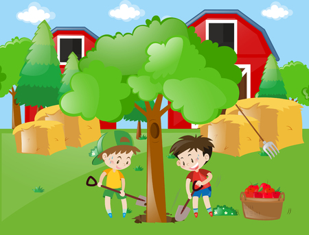 Two boys planting big tree in garden illustrationのイラスト素材