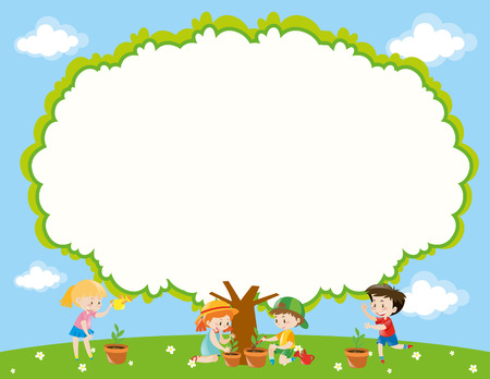 Frame template with kids planting tree in garden illustrationのイラスト素材