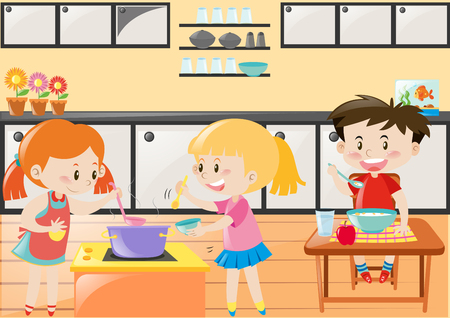 Three kids cooking and eating in kitchen illustrationのイラスト素材