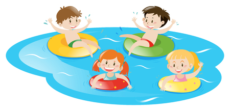 Four kids swimming in pool illustrationのイラスト素材