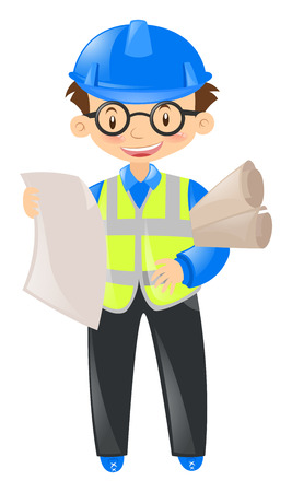 Engineer wearing safety hat and holding files illustrationのイラスト素材