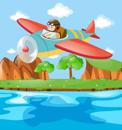 Pilot flying plane over the river illustrationのイラスト素材