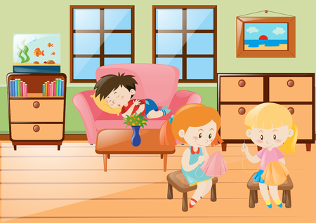 Girl sewing and boy napping in living room illustrationのイラスト素材
