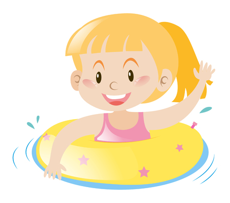 Little girl using yellow floating ring illustrationのイラスト素材