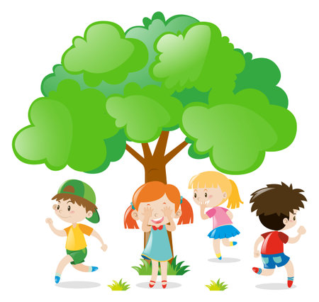 Kids Playing Hide And Seek In The Park Illustrationのイラスト素材 イメージマート