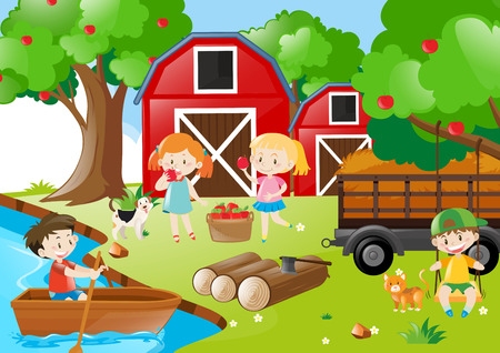 Children picking up apples in the orchard illustrationのイラスト素材