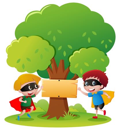 Two boy heros in the park illustrationのイラスト素材