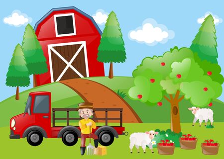 Farmer and sheeps in the farm illustrationのイラスト素材