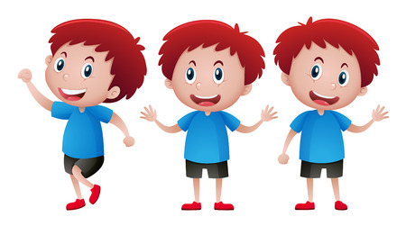 Boy in blue shirt in three different actions illustrationのイラスト素材