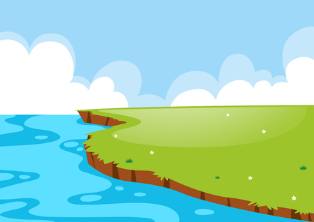 Nature scene with field and lake illustrationのイラスト素材