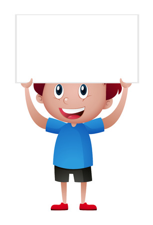 Boy in blue shirt holding white sign illustrationのイラスト素材