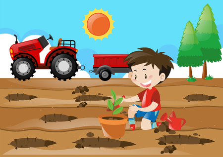 Farm scene with boy planting in the field illustrationのイラスト素材
