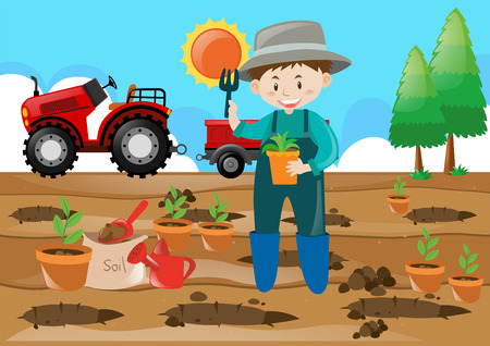 Farm scene farmer planting tree in the field illustrationのイラスト素材