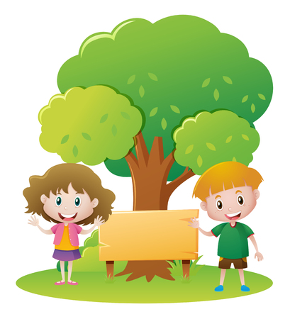 Two kids and sign in the park illustrationのイラスト素材