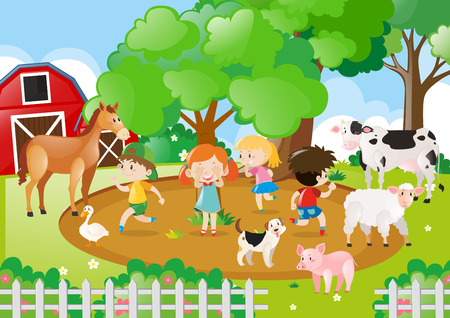 Kids and farm animals in the farm illustrationのイラスト素材