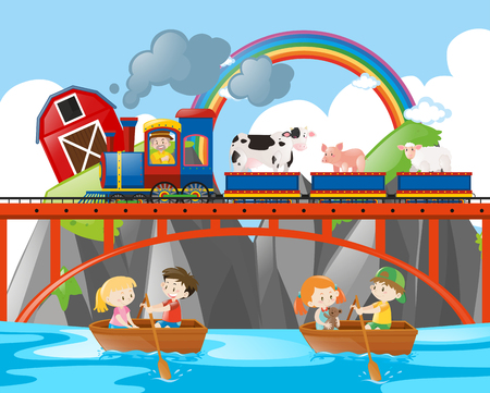 Animals riding on train and kids rowing boats illustrationのイラスト素材
