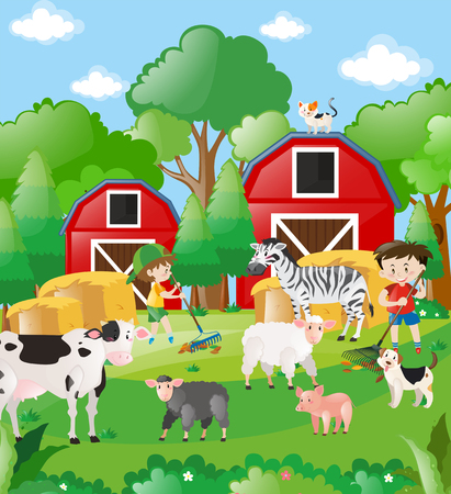 Boys and farm animals in the field illustrationのイラスト素材